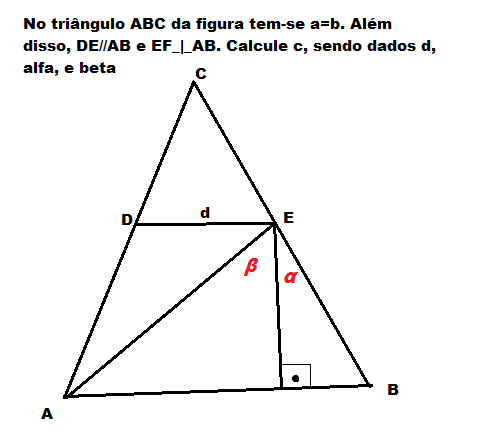 achar o lado c dados os lados d, alfa e beta, sendo d paralelo a AB